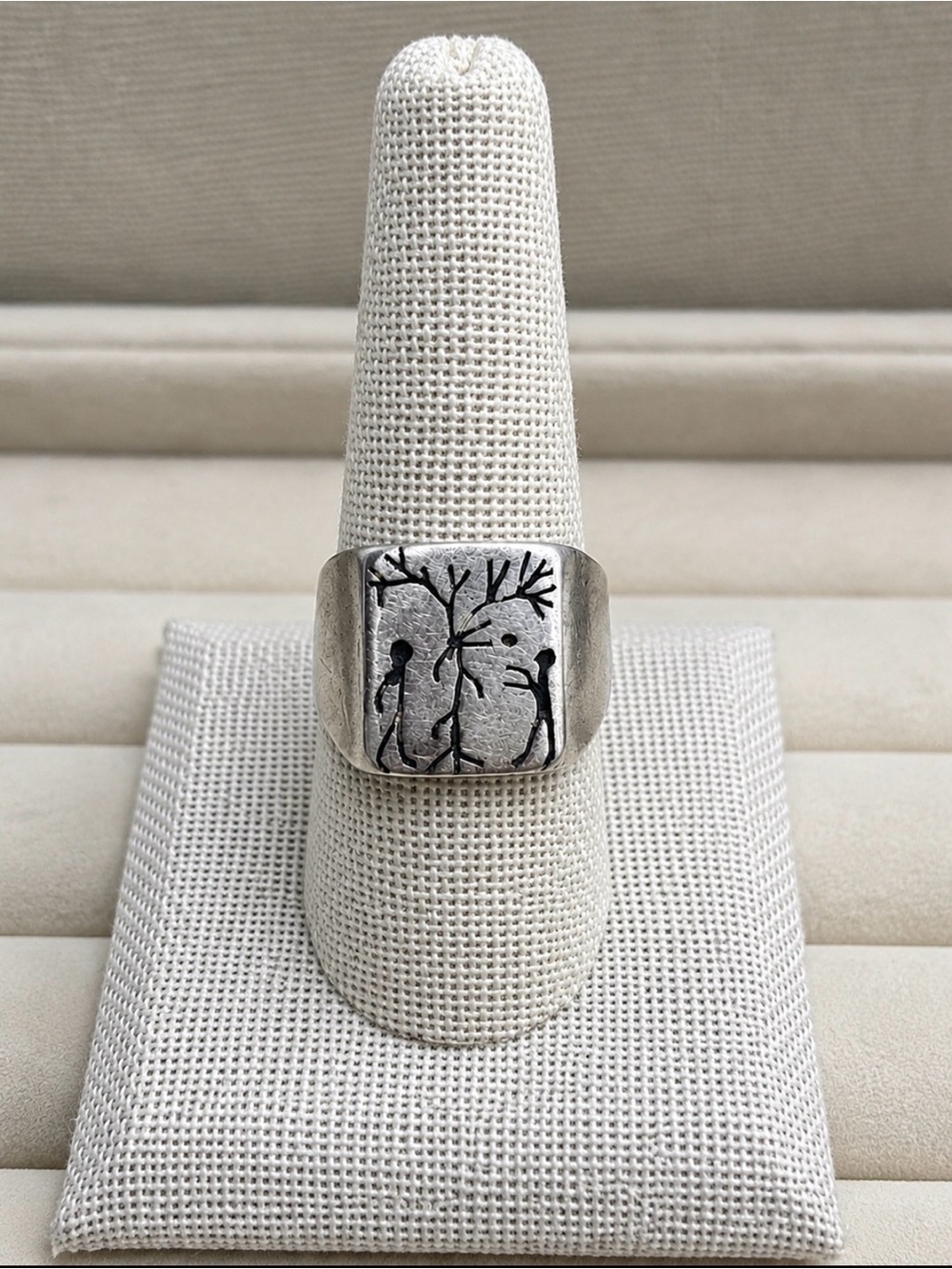 Vintage Sterling Adam Eve Garden Tree Taxco native Solid Etched large Ring Sz 9